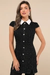 Lulus Instinctive Poise Black Lurex Tweed Collared Button Mini Dress In Black