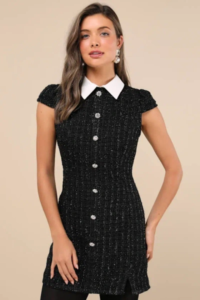Lulus Instinctive Poise Black Lurex Tweed Collared Button Mini Dress