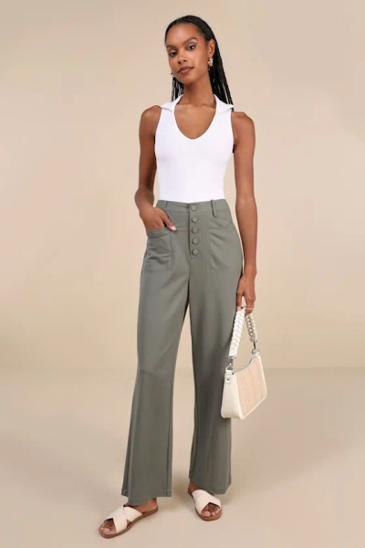 Lulus Instinctively Elevated Olive High-rise Button-fly Wide-leg Pants In Green