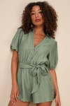 Lulus Instinctively Perfect Green Textured Belted Short Sleeve Romper In Green