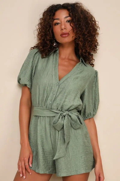 Lulus Instinctively Perfect Green Textured Belted Short Sleeve Romper