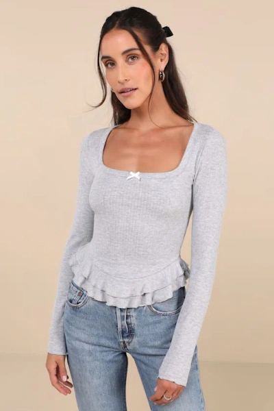 Lulus Instinctually Cute Heather Grey Ribbed Ruffled Long Sleeve Top
