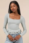 Lulus Instinctually Cute Sage Green Ribbed Ruffled Long Sleeve Top In Sage Green