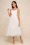 Lulus Intentionally Darling White Organza Tie-strap Rosette Midi Dress In White