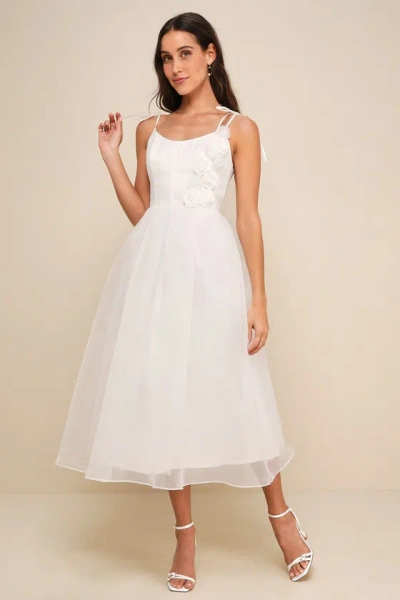 Lulus Intentionally Darling White Organza Tie-strap Rosette Midi Dress