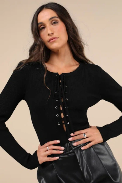 Lulus Intriguing Favorite Black Lace-up Sweater Top