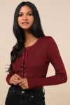 Lulus Intriguing Favorite Dark Red Lace-up Sweater Top In Dark Red