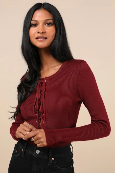 Lulus Intriguing Favorite Dark Red Lace-up Sweater Top