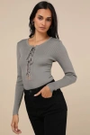 Lulus Intriguing Favorite Olive Lace-up Sweater Top In Green