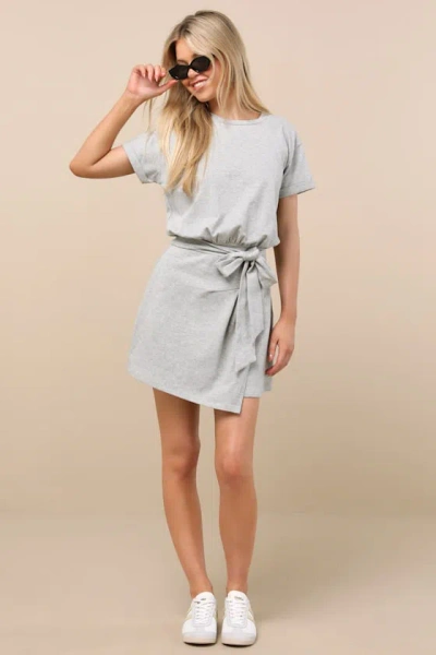 Lulus Ioana Heather Grey Short Sleeve Pleated Faux-wrap Mini Dress