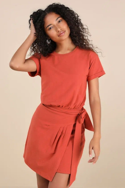 Lulus Ioana Rust Red Short Sleeve Pleated Faux-wrap Mini Dress
