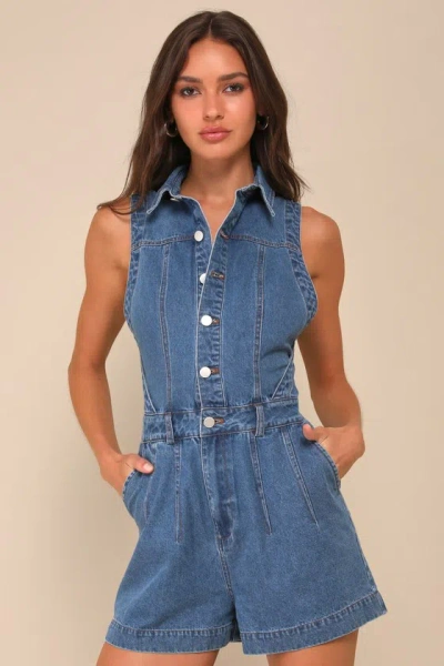 Lulus Irresistible Days Medium Wash Denim Collared Sleeveless Romper In Blue