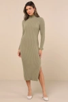 Lulus Irresistible Feelings Olive Fuzzy Knit Midi Sweater Dress In Green
