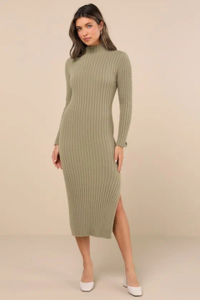 Lulus Irresistible Feelings Olive Fuzzy Knit Midi Sweater Dress In Green