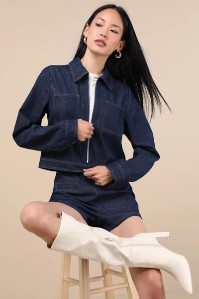 Lulus Isidore Dark Wash Collared Chore Jacket In Blue