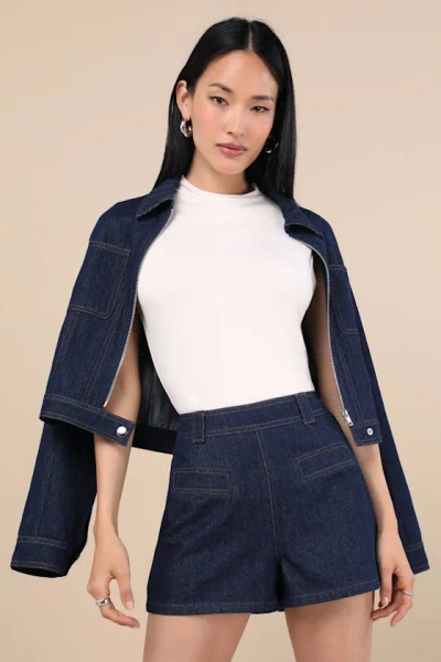 Lulus Isidore Dark Wash High-waisted Shorts In Blue