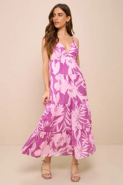 Lulus Island Attitude Pink Tropical Floral Tiered Backless Maxi Dress