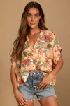 Lulus Island Style Orange Floral Print Button-up Short Sleeve Top In Orange