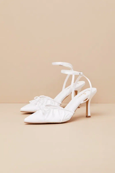 Lulus Issoria White Satin Bow Ankle Strap Pumps