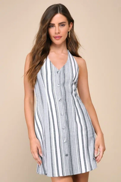Lulus Italian Stroll White Striped Button-front Halter Mini Dress