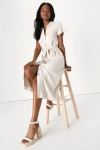 Lulus Italian Summer Beige Linen Button-up Short Sleeve Midi Dress In Beige