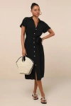 Lulus Italian Summer Black Linen Button-up Short Sleeve Midi Dress In Black