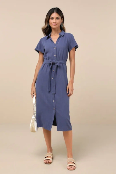 Lulus Italian Summer Dark Blue Linen Button-up Short Sleeve Midi Dress