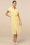 Lulus Italian Summer Light Yellow Linen Button-up Short Sleeve Dress In Light Yellow