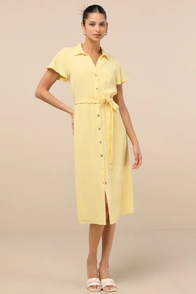 Lulus Italian Summer Light Yellow Linen Button-up Short Sleeve Dress