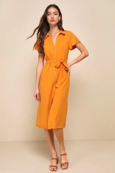 Lulus Italian Summer Orange Linen Button-up Short Sleeve Midi Dress