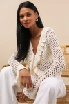 Lulus Izara Cream Crochet Knit Tie-front Long Sleeve Top