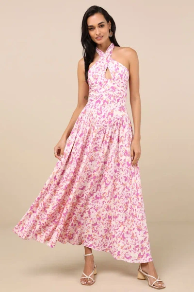 Lulus Jabina Ivory Multi Floral Cross-front Midi Dress