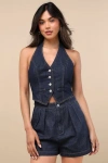 Lulus Jacquette Dark Wash Denim Pleated Halter Vest Romper