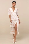 Lulus Jadia Ivory Floral Pleated Tiered Midi Dress In Multi