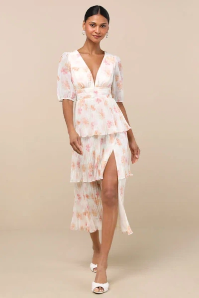 Lulus Jadia Ivory Floral Pleated Tiered Midi Dress