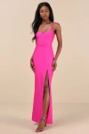 Lulus Jadine Hot Pink Slinky Knit Ruched Lace-up Mermaid Maxi Dress In Hot Pink