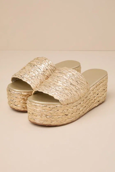 Lulus Jaelle Gold Braided Raffia Platform Slide Sandals