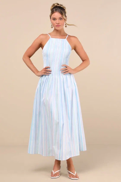 Lulus Jalessa Light Blue Multi Striped Drop Waist Midi Dress