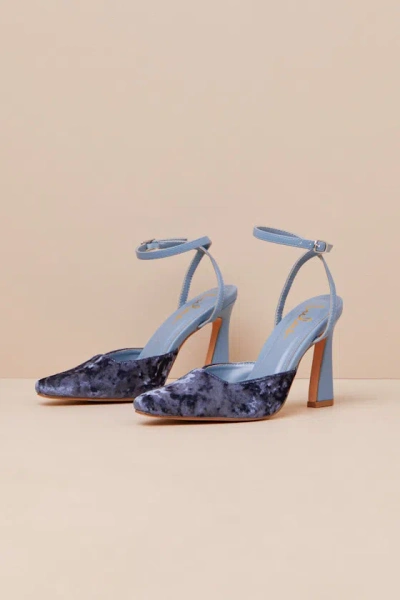 Lulus Jannice Midnight Blue Crushed Velvet Ankle Wrap Heels