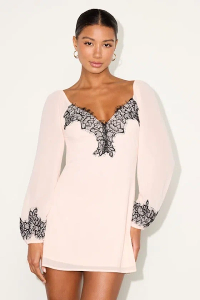 Lulus Jayella Blush Eyelash Lace Long Sleeve Mini Dress In Neutral
