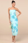 Shop Lulus Jaylah Aqua Blue Floral Strapless Mesh Strapless Midi Dress