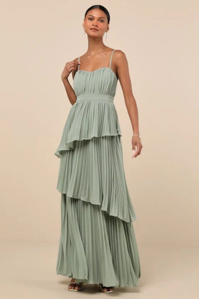 Lulus Jehona Sage Brush Pleated Tiered Maxi Dress In Green