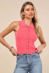 Lulus Jena Coral Pink Ribbed Knit Button-front Tank Top In Coral Pink