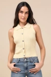 Lulus Jena Light Yellow Ribbed Knit Button-front Tank Top