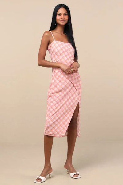 Lulus Jenise Pink Plaid Faux-wrap Midi Dress