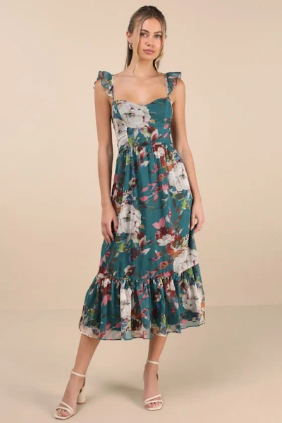 Lulus Jenneth Teal Floral Ruffled Midi Dress