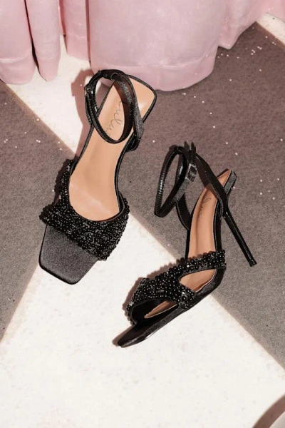Lulus Jenni Black Satin Beaded Ankle Strap High Heel Sandals