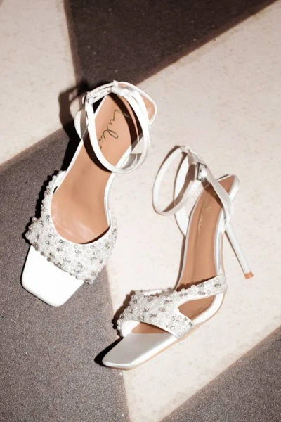 Lulus Jenni White Satin Beaded Ankle Strap High Heel Sandals