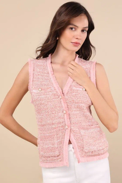 Lulus Jeslyn Pink Boucle Pearl Button-front Sleeveless Top