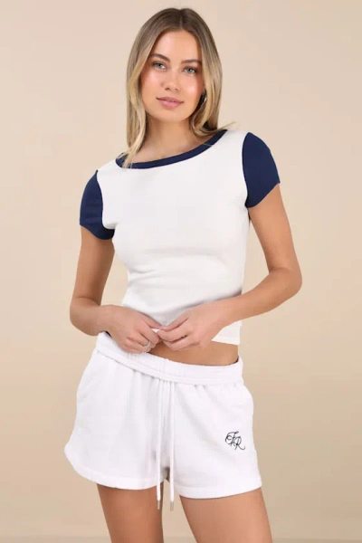 Lulus Jessie White And Navy Ribbed Knit Crew Neck Baby Tee
